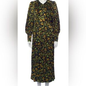 Ganni Black and Green Bishop Sleeve Gown